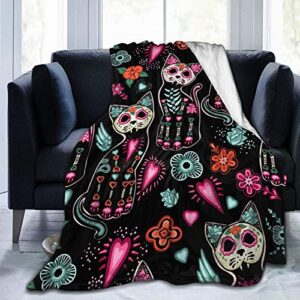 ouqiuwa day of the dead cat kitten sugar skull throw blanket plush microfiber flannel fleece blanket 60"x50" for bed sofa couch camping travel