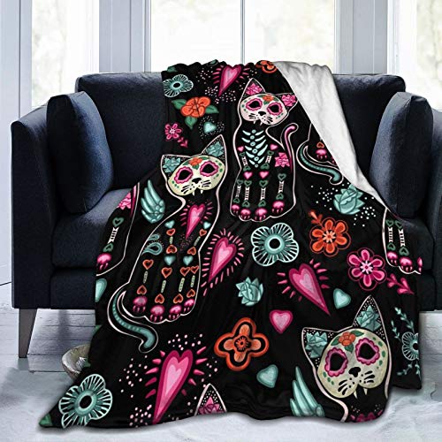 Ouqiuwa Day of The Dead Cat Kitten Sugar Skull Throw Blanket Plush Microfiber Flannel Fleece Blanket 60"X50" for Bed Sofa Couch Camping Travel