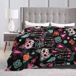 Ouqiuwa Day of The Dead Cat Kitten Sugar Skull Throw Blanket Plush Microfiber Flannel Fleece Blanket 60"X50" for Bed Sofa Couch Camping Travel