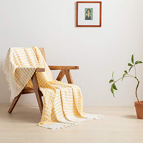 Simple&Opulence 100% Cotton Throw Blanket for Bed, Couch, Yarn Dyed Cable Knitted Jacquard Woven Blanket with Tassels, Soft Lightweight Cozy Breathable Farmhouse Decoration for All-Season(Yellow)