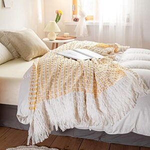 Simple&Opulence 100% Cotton Throw Blanket for Bed, Couch, Yarn Dyed Cable Knitted Jacquard Woven Blanket with Tassels, Soft Lightweight Cozy Breathable Farmhouse Decoration for All-Season(Yellow)