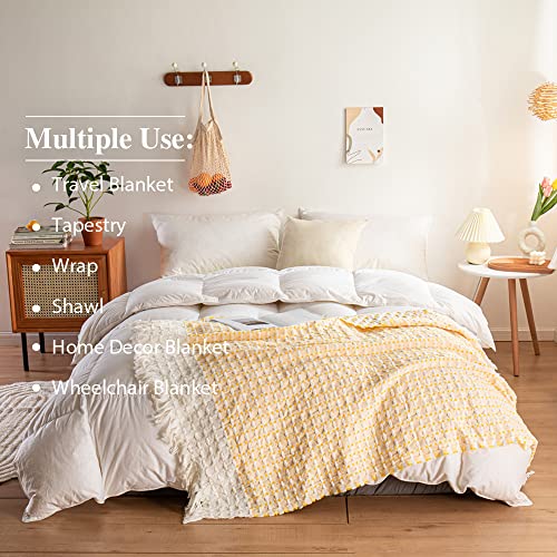 Simple&Opulence 100% Cotton Throw Blanket for Bed, Couch, Yarn Dyed Cable Knitted Jacquard Woven Blanket with Tassels, Soft Lightweight Cozy Breathable Farmhouse Decoration for All-Season(Yellow)