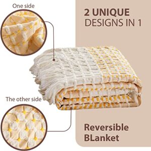 Simple&Opulence 100% Cotton Throw Blanket for Bed, Couch, Yarn Dyed Cable Knitted Jacquard Woven Blanket with Tassels, Soft Lightweight Cozy Breathable Farmhouse Decoration for All-Season(Yellow)