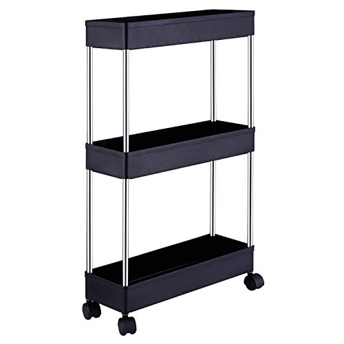 Slim Storage Cart,DLO 3 Tier Bathroom Cart Mobile Shelving Unit Organizer Slide Out Storage Rolling Utility Cart Tower Rack for Kitchen Bathroom Laundry Narrow Places,Black