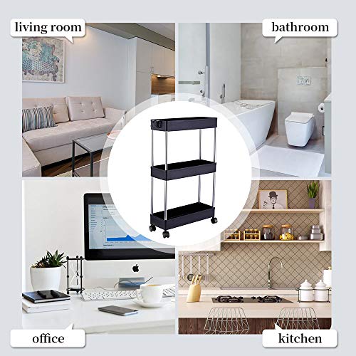 Slim Storage Cart,DLO 3 Tier Bathroom Cart Mobile Shelving Unit Organizer Slide Out Storage Rolling Utility Cart Tower Rack for Kitchen Bathroom Laundry Narrow Places,Black