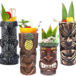 Tiki Mugs Cocktail Set of 8 - Ceramic Tiki Mugs Hawaiian Party Cute Exotic Cocktail Glasses Hawaiian Tiki Mug - TKSET0080 (8pcs)