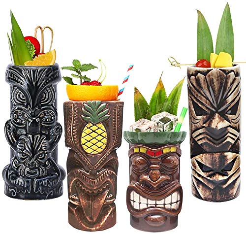 Tiki Mugs Cocktail Set of 8 - Ceramic Tiki Mugs Hawaiian Party Cute Exotic Cocktail Glasses Hawaiian Tiki Mug - TKSET0080 (8pcs)