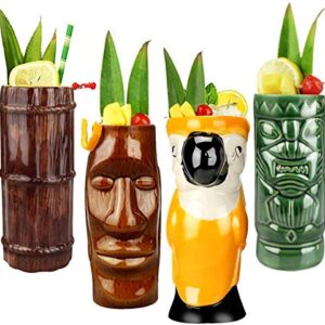 Tiki Mugs Cocktail Set of 8 - Ceramic Tiki Mugs Hawaiian Party Cute Exotic Cocktail Glasses Hawaiian Tiki Mug - TKSET0080 (8pcs)