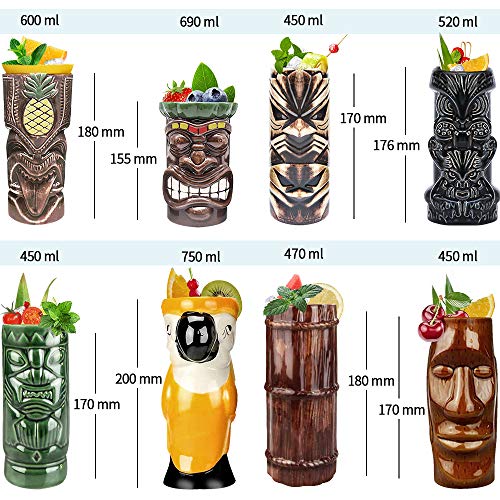 Tiki Mugs Cocktail Set of 8 - Ceramic Tiki Mugs Hawaiian Party Cute Exotic Cocktail Glasses Hawaiian Tiki Mug - TKSET0080 (8pcs)