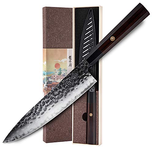 KONOLL 8 Inch Chef Knife 3 layer 9CR18MOV clad steel Forged Handmade, Ebonywood handle Gyuto kitchen Knife (Chef Knife 8-Inch)