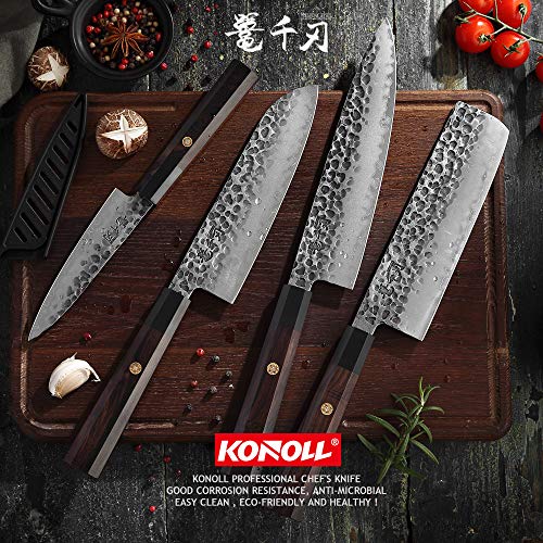 KONOLL 8 Inch Chef Knife 3 layer 9CR18MOV clad steel Forged Handmade, Ebonywood handle Gyuto kitchen Knife (Chef Knife 8-Inch)