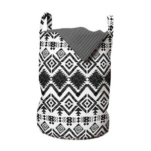 lunarable tribal laundry bag, hand drawn style tribal pattern geometric and oranmental aztec design print, hamper basket with handles drawstring closure for laundromats, 13" x 19", black and white
