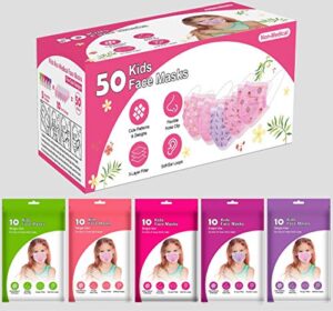 sudopo kids disposable face masks 50 pieces (5 packs of 10 resealable bags) (girls)