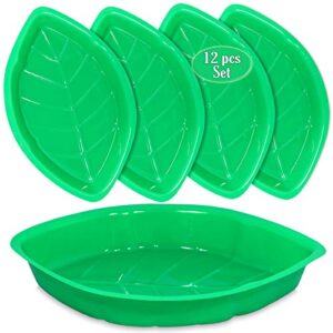 palm leaf serving trays | 12 pcs green plastic hawaiian snack trays | luau party decorations serveware | tropical party serving platter | bbq, summer, beach, island, jungle serving tray | by anapoliz