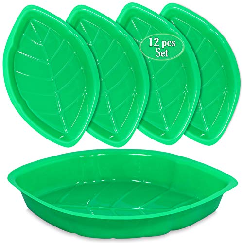 Palm Leaf Serving Trays | 12 Pcs Green Plastic Hawaiian Snack Trays | Luau Party Decorations Serveware | Tropical Party Serving Platter | BBQ, Summer, Beach, Island, Jungle Serving Tray | by Anapoliz