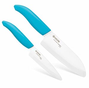 kyocera revolution 2-piece ceramic knife set: chef knife for your cooking needs, 5.5" santoku and 4.5" utility knife, white blades with blue handles, white/blue