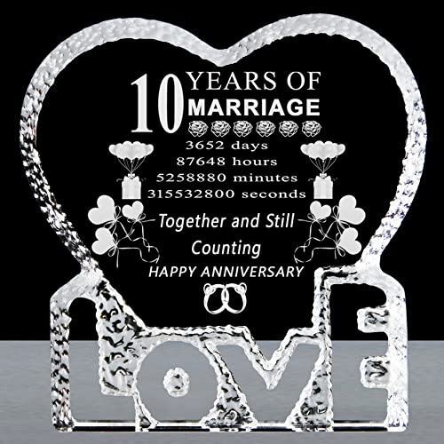 10 Years 10th Tenth Wedding Anniversary Gifts Laser Crystal Heart Marriage Keepsake Decoration for Couple Friends Women Man Mom Dad Parents Him Her Husband Wife