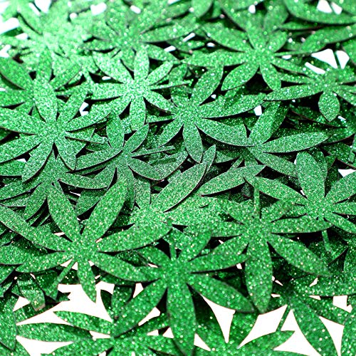 100 Pieces Green Glitter Weed Leaf Paper Confetti Green Leaf Confetti Pot Leaves Paper Confetti for 420 Birthday Party Wedding Festival Table Baby Shower Decorations