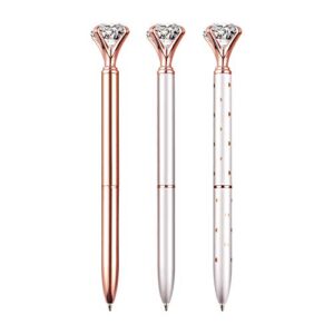 3 pcs bling big crystal diamond ballpoint pen metal ballpoint pens for office supplies gift, rose gold/silver/white with rose polka dots/, includes 3 pen refills
