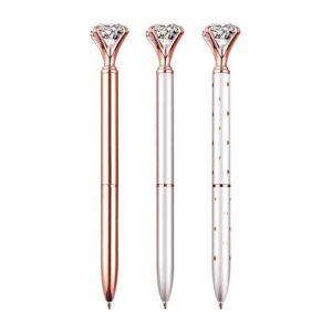 3 PCS Bling Big Crystal Diamond Ballpoint Pen Metal Ballpoint Pens for Office Supplies Gift, Rose Gold/Silver/White With Rose Polka Dots/, Includes 3 Pen Refills