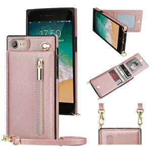 kihuwey iphone se 2020 iphone 8 iphone 7 crossbody wallet case with 4 card slots,wrist strap protective kickstand shoulder cross body zipper pocket cover case 4.7 inch rose gold