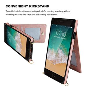 KIHUWEY iPhone SE 2020 iPhone 8 iPhone 7 Crossbody Wallet Case with 4 Card Slots,Wrist Strap Protective Kickstand Shoulder Cross Body Zipper Pocket Cover Case 4.7 Inch Rose Gold