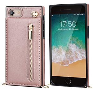 KIHUWEY iPhone SE 2020 iPhone 8 iPhone 7 Crossbody Wallet Case with 4 Card Slots,Wrist Strap Protective Kickstand Shoulder Cross Body Zipper Pocket Cover Case 4.7 Inch Rose Gold