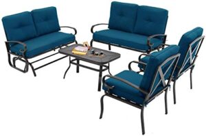 patiomore 5 pcs (6 seats) outdoor patio furniture conversation sets, glider, loveseat and coffee table, 2 lounge chairs with cushions (peacock blue)