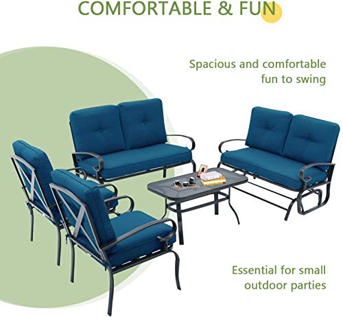 Patiomore 5 Pcs (6 Seats) Outdoor Patio Furniture Conversation Sets, Glider, Loveseat and Coffee Table, 2 Lounge Chairs with Cushions (Peacock Blue)