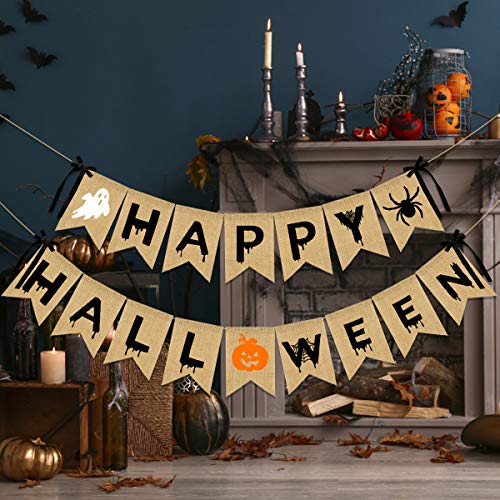 Happy Halloween Burlap Banner- Happy Halloween Decorations,Halloween Banner Burlap,Halloween Garland for Mantle,Halloween Party Decorations
