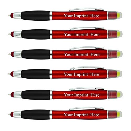 Personalized Pens with Highlighter and Stylus -200 Pack Bulk-Free Imprint - 3 In Bible Highlighter, Ballpoint Pen, and Stylus Combo- add Custom Name, Logo or Gift Message- Red