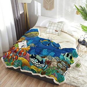 Fluffy and Soft Plush Sherpa Reversible Blanket 59"x79",Cartoon Underwater Graphic with Algaes Coral Reefs Fishes The Life Aquatic Throw Blanket for Children and Adult,Machine Washable Non-Shedding