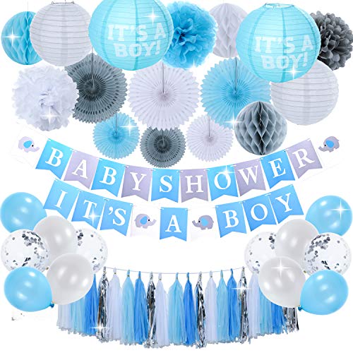 Baby Shower Decorations For Boy-It's A Boy Banner,Party Supplies Decoration Kit,Blue and Grey,Paper Fans,Latex Balloons, Silver Tassels,Tissue Paper Pom Poms, Party Supplies for Boys