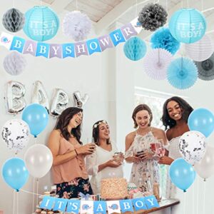 Baby Shower Decorations For Boy-It's A Boy Banner,Party Supplies Decoration Kit,Blue and Grey,Paper Fans,Latex Balloons, Silver Tassels,Tissue Paper Pom Poms, Party Supplies for Boys