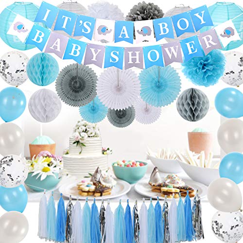 Baby Shower Decorations For Boy-It's A Boy Banner,Party Supplies Decoration Kit,Blue and Grey,Paper Fans,Latex Balloons, Silver Tassels,Tissue Paper Pom Poms, Party Supplies for Boys