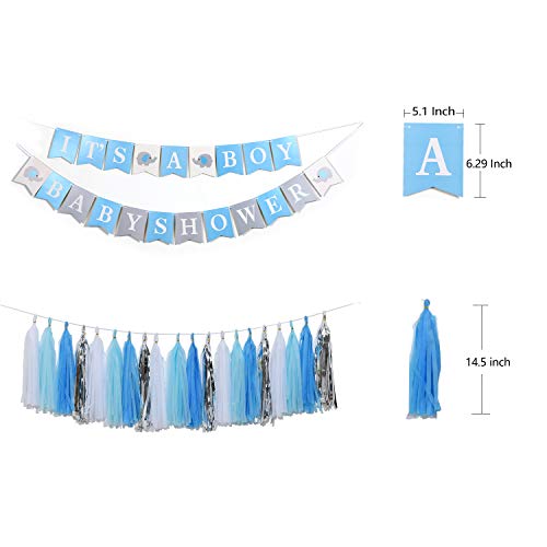 Baby Shower Decorations For Boy-It's A Boy Banner,Party Supplies Decoration Kit,Blue and Grey,Paper Fans,Latex Balloons, Silver Tassels,Tissue Paper Pom Poms, Party Supplies for Boys