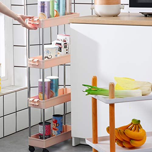 DILUOOU 4 Tier Slim Storage Cart, Mobile Shelving Unit Organizer Slide Out Rolling Storage Racks with Wheels, for Kitchen Bathroom Laundry Room Narrow Places