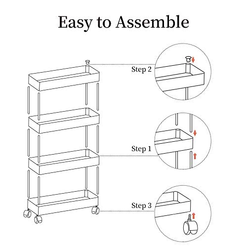 DILUOOU 4 Tier Slim Storage Cart, Mobile Shelving Unit Organizer Slide Out Rolling Storage Racks with Wheels, for Kitchen Bathroom Laundry Room Narrow Places