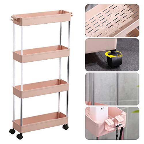 DILUOOU 4 Tier Slim Storage Cart, Mobile Shelving Unit Organizer Slide Out Rolling Storage Racks with Wheels, for Kitchen Bathroom Laundry Room Narrow Places