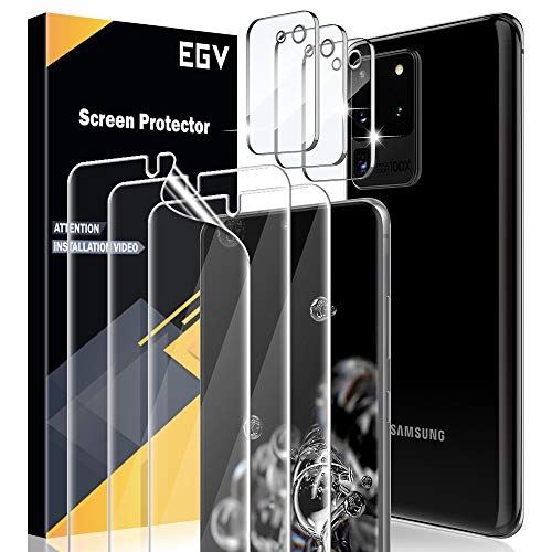 EGV 5Pack 2pcs Flexible TPU Screen Protector + 3pcs Tempered Glass Camera Lens Protector Compatible for Samsung Galaxy S20 Ultra 6.9-inch,Positioning Tool, Support Fingerprint, Bubble Free