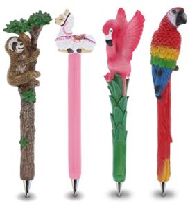 planet pens bundle of sloth, llama, tropical flamingo, & red parrot novelty pens - unique ballpoint pens colorful tropical animals writing pens for school & office decor - 4 pack