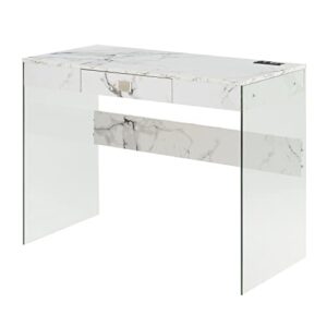 convenience concepts soho glass desk with charging station, 42", faux white marble