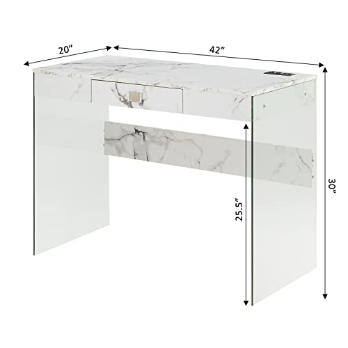 Convenience Concepts SoHo Glass Desk with Charging Station, 42", Faux White Marble