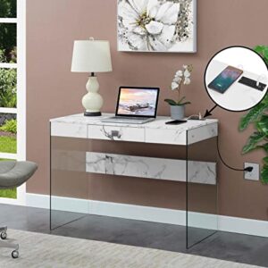 Convenience Concepts SoHo Glass Desk with Charging Station, 42", Faux White Marble