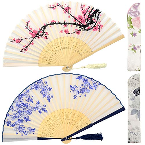 OMyTea Folding Hand Fans for Women - Chinese Japanese Vintage Bamboo Silk Fans - for Hot Flash, EDM, Music Festival, Party, Dance, Performance, Decoration, Wedding, Gift (White Plum & Rose)