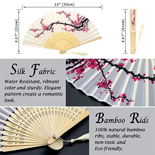 OMyTea Folding Hand Fans for Women - Chinese Japanese Vintage Bamboo Silk Fans - for Hot Flash, EDM, Music Festival, Party, Dance, Performance, Decoration, Wedding, Gift (White Plum & Rose)