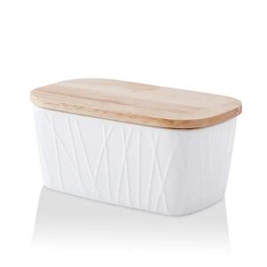 koov porcelain large butter dish with lid for countertop, airtight butter container with oak lid, butter crock, perfect for 2 sticks of butter, irregular striped series (white)