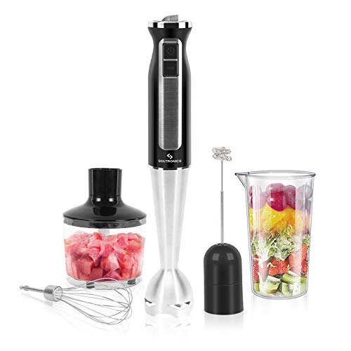 SOLTRONICS 5-in-1 Hand Blender, 5-in-1, 8-Speed 500 Watts Stick Blender with 860ml Food Grinder, 600ml Container, Milk Frother, Egg Whisk for Puree Infant Food, Smoothies, Sauces and Soups, Black