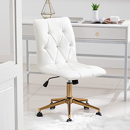 Duhome Modern Home Office Chair，Cute White Desk Chair with Gold Base, PU Leather Task Chair Computer Chair Rolling Chair with Wheels, Armless Vanity Chair for Teens