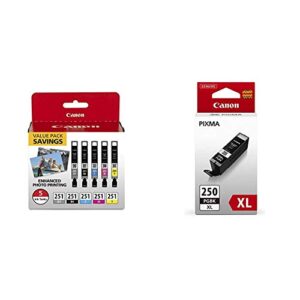 Canon CLI-251 BK/C/M/Y/GY 5 Color Value Pack Compatible to MG7520, MG5620, MG6620 & PGI-250XL High-Yield Black Ink Tank